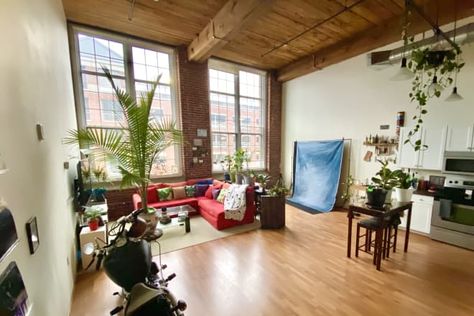 A Large Loft Apartment Has 20-Foot Ceilings, Over 40 Plants, and a Motorcycle Large Loft Apartment, Desk In Loft, Building Apartment, Loft Apartments, Berlin Apartment, Rental Apartment, Vintage Airstream, Nyc Studio, House Apartment