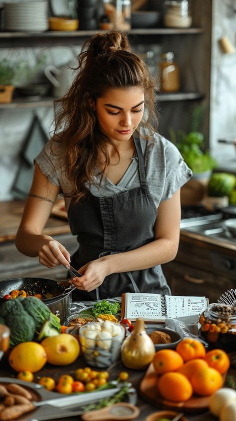 Cooking Fresh Meal: A young woman attentively prepares a nutritious dish using fresh vegetables and fruits in a rustic kitchen. #cooking #kitchen #vegetables #fruits #woman #aiart #aiphoto #stockcake ⬇️ Download and 📝 Prompt 👉 https://stockcake.com/i/cooking-fresh-meal_957338_800667 Cooking Women Aesthetic, Chef Cooking Photography Kitchens, Cooking Aesthetic Photography, Cooking Moodboard, Aesthetic Cooking Photos, Vision Board Cooking, Chef Cooking Photography, Cooking Chef Aesthetic, Woman Cooking Aesthetic