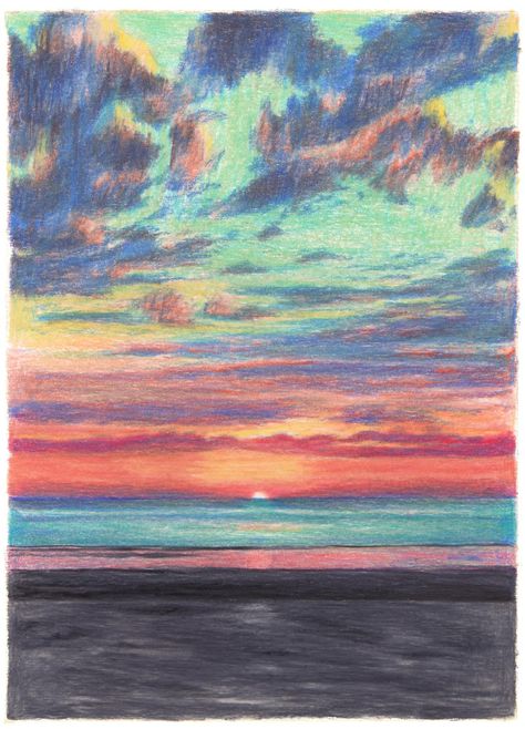 clement thoby Sunset Colored Pencil Drawing, Sketches With Colour Pencils, Sky Color Pencil, Drawings With Color Pencils, How To Draw A Sunset, Color Pencil Art Landscape, Color Pencil Background, Landscape Colored Pencil, Color Pencil Art Drawings