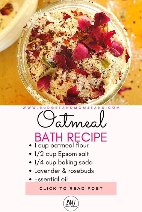 Oatmeal Bath Recipe, Diy Bath Tea Recipes, Oat Milk Bath, Homemade Heater, Herbal Bath Recipes, Bath Salts Diy Recipes, Bath Tea Recipe, Diy Bath Soak, Milk Bath Recipe