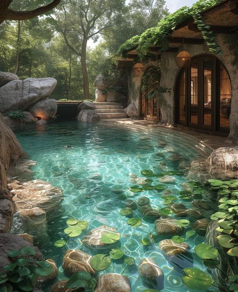 Kolam Koi, Log Home Designs, Water House, Natural Swimming Pool, Pond Design, Pretty Landscapes, Natural Pool, Dream Backyard, Dream House Interior