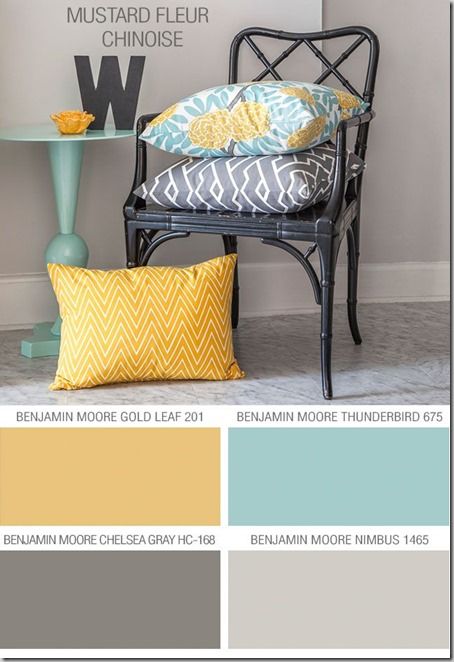 Possibly for my new bathroom redo? Love this color pallete...love grey with turquoise/mint and splash of yellow Nursery Color Scheme, Nursery Colors, Style At Home, Design Case, Home Fashion, Colour Schemes, Bedroom Colors, Benjamin Moore, Wall Color