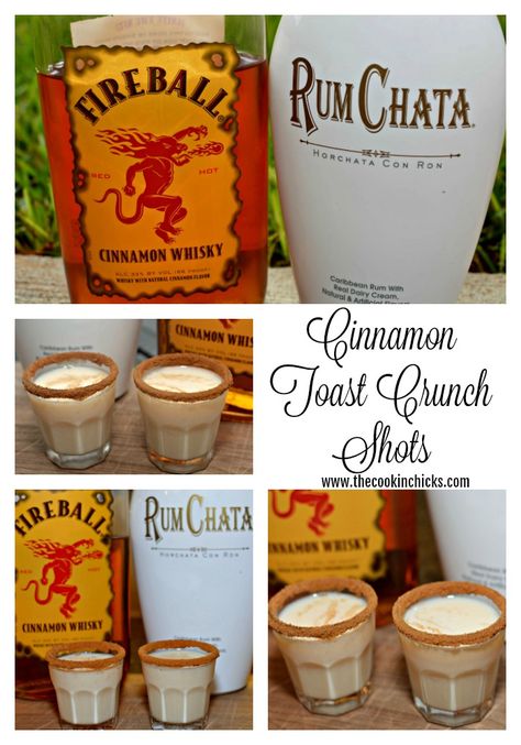 Cinnamon Toast Crunch Shots - The Cookin Chicks Fireball And Rumchata, Cinnamon Toast Crunch Shots, Cinnamon Toast Crunch Shot, Rumchata Drinks, Fireball Recipes, Fireball Drinks, Shots Alcohol Recipes, Rumchata Recipes, The Cookin Chicks