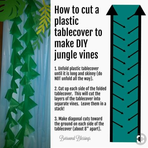 Backdrop diy Part3- green table cloth cut into strips. Instructions were found on pinterest. Jungle Backdrop Diy, Jungle Decorations Diy Safari Theme, Green Table Cloth, Jungle Vbs, Ocean Vbs, Scuba Vbs, Jungle Theme Classroom, Under The Sea Decorations, Jungle Decorations