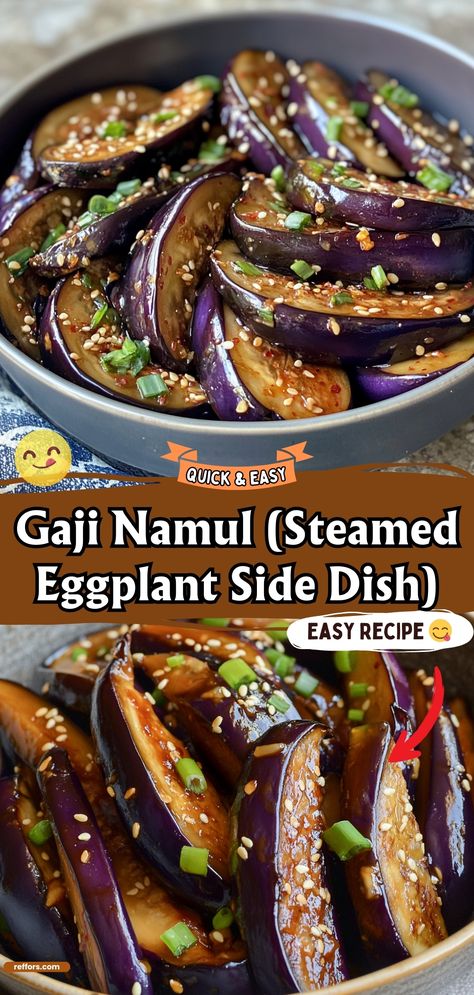 Dive into the delicate flavors of this Korean side dish, Gaji Namul. Steamed eggplant with a savory soy sauce dressing makes it a perfect accompaniment to any meal. #KoreanCuisine #EggplantDish #HealthySides Korean Eggplant Recipes, Korean Eggplant Side Dish, Gaji Namul, Korean Eggplant, Namul Recipe, Eggplant Side Dishes, Vegetarian Brunch Recipes, Steamed Eggplant, Korean Food Side Dishes