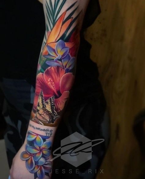 Tropical Flower Tattoo Sleeve, Tropical Flowers Tattoo, Tropical Tattoos For Women, Bright Tattoos For Women, Tropical Flower Tattoo, Eddie Tattoo, Tropical Flower Tattoos, Detailed Tattoos, Colorful Sleeve Tattoos