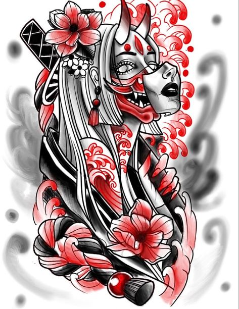 190 Oni Mask Tattoo Designs with Meaning(2022) - TattoosBoyGirl Japanese Oni Tattoo, Female Samurai Tattoo, Hannya Maske Tattoo, Tato Geisha, Hannya Maske, Samurai Mask Tattoo, Japanese Tattoo Meanings, Japanese Mask Tattoo, Concept Tattoo