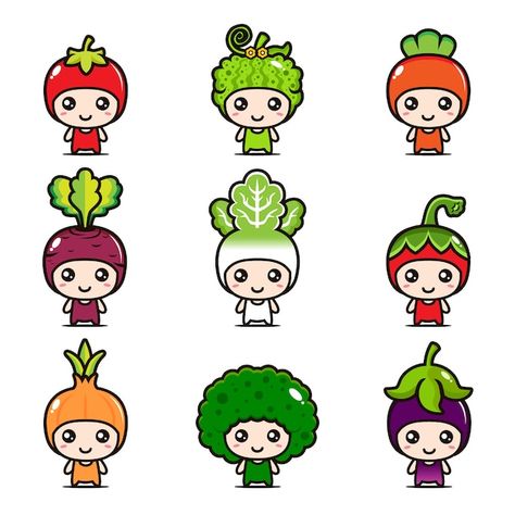 Mascot Design Ideas, Cute Vegetables, Vegetable Cartoon, Vegetable Design, Cartoon Mascot, Vector Food, Character Cartoon, Mascot Design, Chibi Drawings