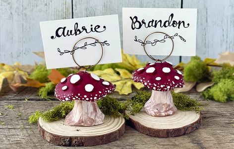 Create a charming place card holder using air-dry clay shaped into a whimsical mushroom and painted in warm autumn colors. Topped with a wire loop to hold the place card, this unique craft adds a delightful touch to any Thanksgiving table setting. Thanksgiving Table Settings, Stuffed Mushroom Caps, Brown Paint, Seasons Art, White Acrylic Paint, Activity Kits, Dollar General, Unique Crafts, Autumn Colors