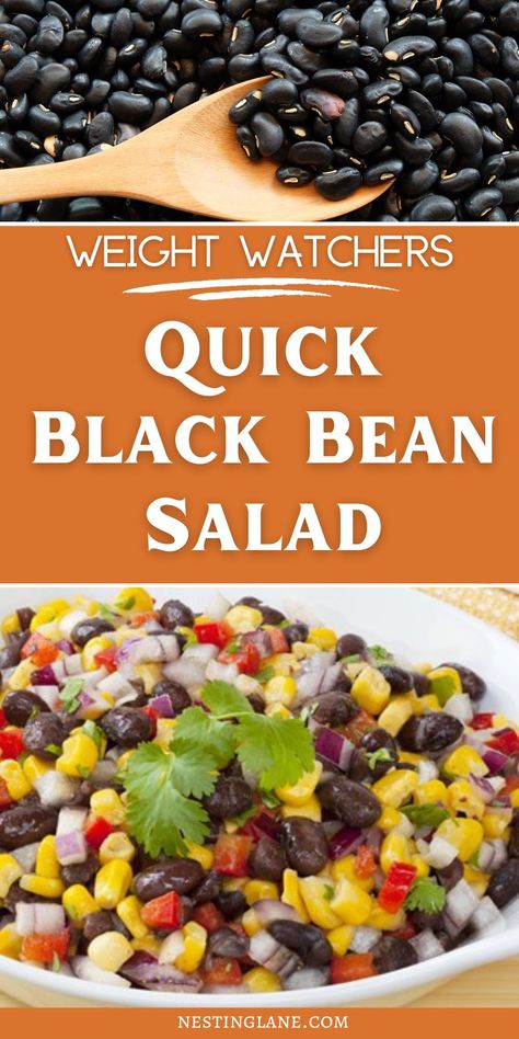 Graphic for Pinterest of Weight Watchers Black Bean Salad Recipe. Mexican Side Dish, Weight Watchers Vegetarian, Mexican Side, Black Bean Salad Recipe, Bean Salad Recipe, Mexican Side Dishes, Jalapeno Peppers, Black Bean Salad, Bean Salad Recipes