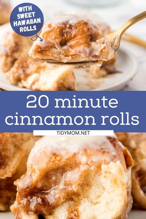 These super easy cinnamon rolls are made with Hawaiian sweet rolls topped with cream cheese frosting. Ooey gooey and ready in 20 minutes! Don’t be surprised if these irresistibly delicious cinnamon buns get eaten before they ever make it to the table. PRINTABLE RECIPE at Tidymom.net Cinnamon Rolls Using Hawaiian Rolls, Hawaiian Roll Cream Cheese, Things To Make With Hawaiian Sweet Rolls, Hawaiian Roll Sweet Recipes, Sweet Hawaiian Rolls Recipe Ideas, Hawaiian Bun Cinnamon Rolls, Hawaiin Rolls Cinnamon Rolls, Kings Hawaiian Cinnamon Rolls Recipe, Hawian Roll Cinnamon Rolls