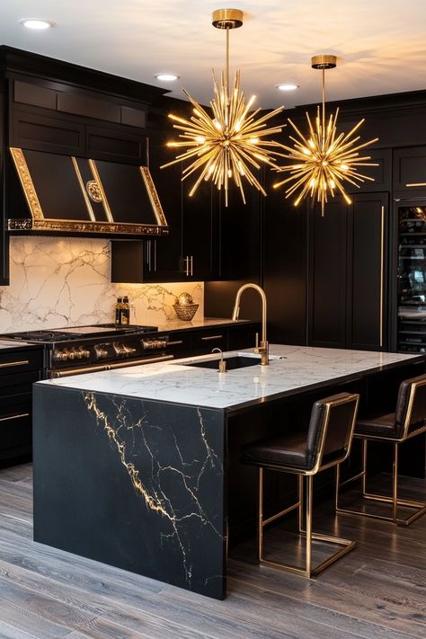 Explore the elegance of the latest kitchen design featuring black cabinetry, gold accents, and stunning marble countertops. This modern setup combines functionality with luxurious aesthetics. #KitchenDesign #LuxuryLiving #HomeDecor Black Quartz With Gold Veining, Black White Grey Gold Kitchen, Black Gold Marble Kitchen, Black White And Gold Kitchen Modern, Black And Gold Backsplash Kitchen, Black White And Gold Kitchen Decor, Kitchen Black And Gold, Gold Countertop, Modern Setup