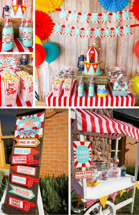 Backyard Carnival Theme Party Circus Theme Party One Year Old, Baby Shower Ideas For Boys Themes, Birthday Party Ideas Themes, Party Ideas Themes, Circus First Birthday, Birthday Party Candy Bar, Backyard Carnival, Circus 1st Birthdays, Circus Party Decorations