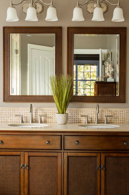 West Indies Bathroom, Tommy Bahama Bathroom, British Colonial Bathroom, Tropical British Colonial, Beach Style Kitchen, Oval Mirror Bathroom, British Colonial Decor, Tropical Bathroom, Beautiful Home Gardens