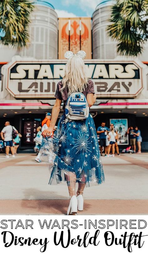 Star Wars-Inspired Disney World Outfit Ideas: In honor of this week’s opening of Star Wars: Galaxy’s Edge at Hollywood Studios in Walt Disney World, I've put together an embellished, on-theme Star Wars outfit perfect for a day spent in a galaxy far, far away. This look is full of Disney magic with sparkly Micky ears, an embellished starry night skirt, and an R2-D2 backpack. Click through to get the full scoop on this park look. || Vandi Fair #disneyworld #disneyoutfits #disneyfashion #disneyland Walt Disney Paris, Disney Outfits Women, Disney Bachelorette, Disney Parque, Cute Disney Outfits, Disney Photo Ideas, Disney World Outfits, Disneyland Outfits, Disney Instagram