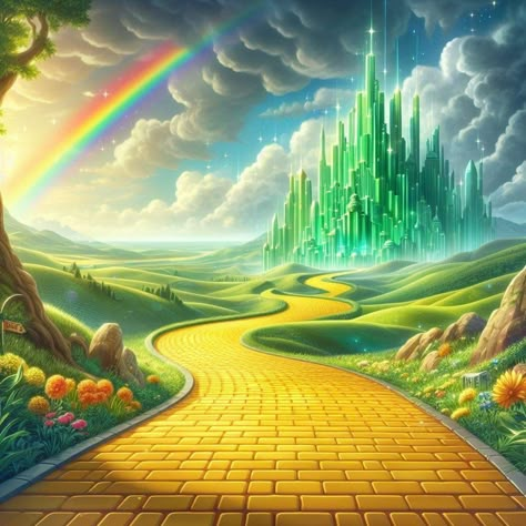 Land Of Oz Aesthetic, Wizard Of Oz Yellow Brick Road, Wizard Of Oz Wallpaper Aesthetic, Wicked Emerald City, Wizard Of Oz Set Design Ideas, Wizard Of Oz Background, The Wizard Of Oz Illustration, Wicked Background, Wizard Of Oz Wallpaper