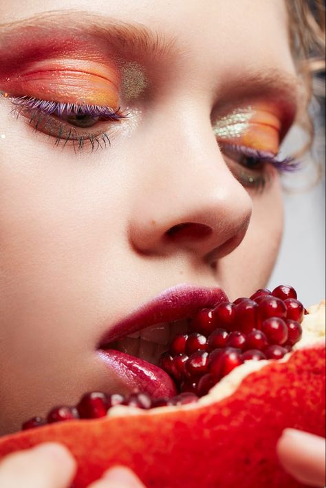 Fruit Shoot, Fem Outfits, Fire Fairy, Silver White Hair, Theme Pictures, Fruit Stands, Pomegranate Juice, Beauty Shoot, Photo Makeup