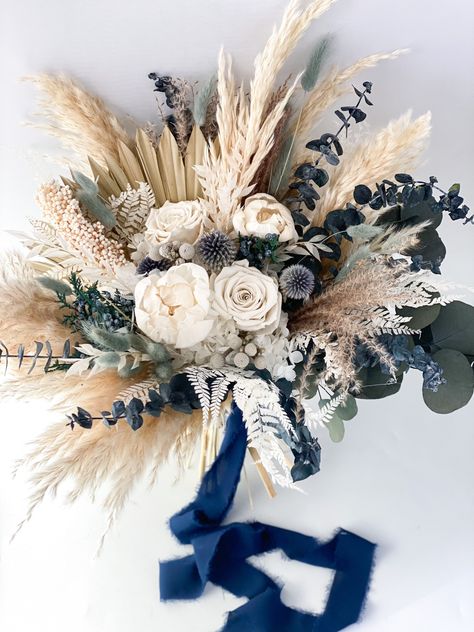 Dusty Blue White Peony Pampas Grass Bouquet - Etsy Blue Wedding Flowers Bouquet, Blue Fall Wedding, Navy Blue Wedding Theme, Dried Flower Bouquet Wedding, Dark Blue Wedding, Wedding Parties Pictures, Green Wedding Bouquet, Grass Bouquet, Blue Centerpieces