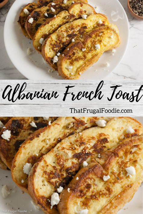 This savory Albanian breakfast is a take on french toast that uses feta cheese and is super easy! It takes less than 10 minutes to whip up breakfast for 2 and it only costs $3! Albanian Breakfast, Balkan Breakfast, Breakfast For 2, Albanian Food, Balkan Food, Albanian Recipes, Fancy Breakfast, Mediterranean Kitchen, Global Cuisine