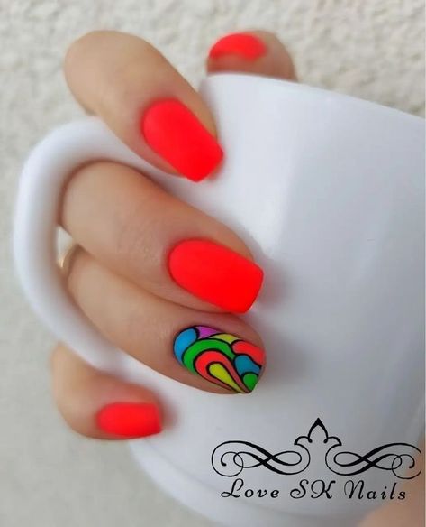 Color Block Gel Nails, Orangey Red Nails Design, Tort Hello Kitty, Summer Nails 2023, Nail Art For Beginners, Vibrant Nails, Pretty Nail Art Designs, Nails 2023, Spring Nail Art