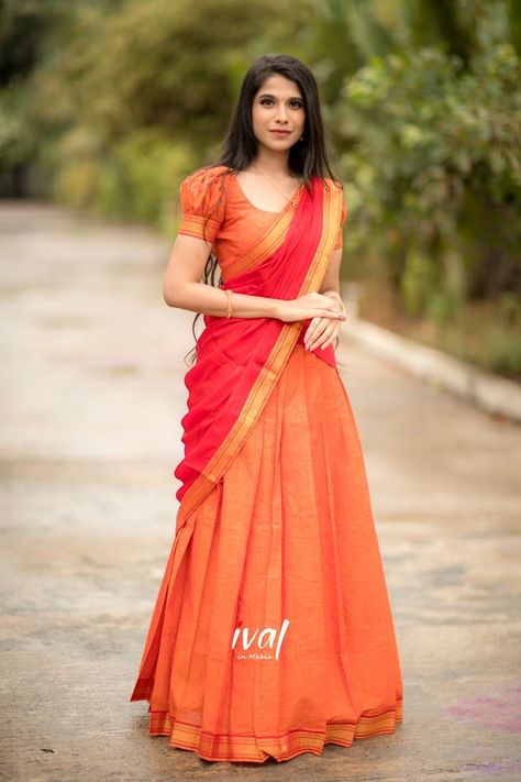 Red Dhavani, Crop Top Wedding Dress Indian, Traditional Half Saree Designs, Traditional Half Saree, Western Wear Outfits, Half Sarees, Casual Indian Fashion, Half Saree Designs, Orange Skirt