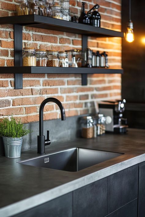 Explore the latest kitchen design trends with this stunning industrial-style setup. Sleek black fixtures, exposed brick, and modern shelving create an urban yet cozy vibe. Perfect for those who love a blend of contemporary and rustic elements. #KitchenDesign #IndustrialStyle #HomeDecor Black Cabinets With Concrete Countertops, Black Kitchen Brick Backsplash, Black Industrial Kitchen, Industrial Loft Kitchen, Industrial Farmhouse Kitchen, Modern Industrial Loft, Modern Industrial Kitchen, Brick Backsplash Kitchen, Latest Kitchen Designs