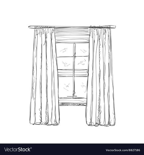 Big Window Drawing, Windows Drawing Sketch, Window Sketch Architecture, How To Draw Windows, Curtain Drawing Sketch, How To Draw A Window, Window With Curtains Drawing, Window Design Drawing, Window Drawing Sketch