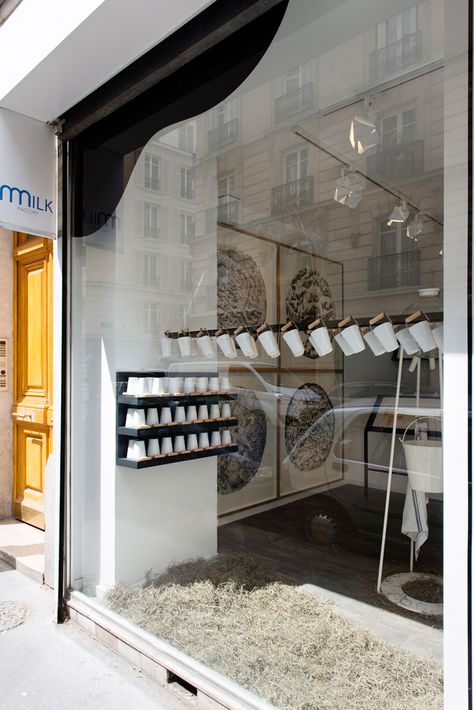 Milking it: designers get creative with dairy at Paris' Milk Factory | Lifestyle | Wallpaper* Magazine Milk Store Design, Milk Factory Design, Milk Display, Baby Store Display, Milk Factory, Milk Store, Lifestyle Wallpaper, Milk Cafe, Window Glass Design