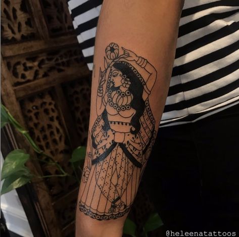 Heleena Mistry South Asian Tattoos, Pakistani Tattoo, Hindu Aesthetic Tattoo, Indian Aesthetic Tattoo, South Asian Tattoo Design, Indian Goddess Tattoo, Sari Tattoo, Traditional Hindu Tattoos, South Asian Inspired Tattoo