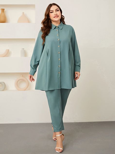 Long Shirt Patterns For Women, Cadet Blue Outfit, Sleeves And Pant Designs For Suits, Plain Coord Sets For Women, Plain Kurta Designs For Women, Coordsets For Women, Collar Shirt Design, Elegant Lace Tops, Big Size Fashion