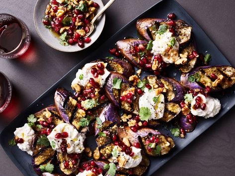 Charred Eggplant with Burrata and Pomegranate-Walnut Relish Recipe  - Hetty McKinnon | Food & Wine Burrata Recipe, Pomegranate Recipes, Gluten Free Main Dishes, Eggplant Dishes, Relish Recipes, Burrata Cheese, Roasted Root Vegetables, Grilled Eggplant, Eggplant Parmesan