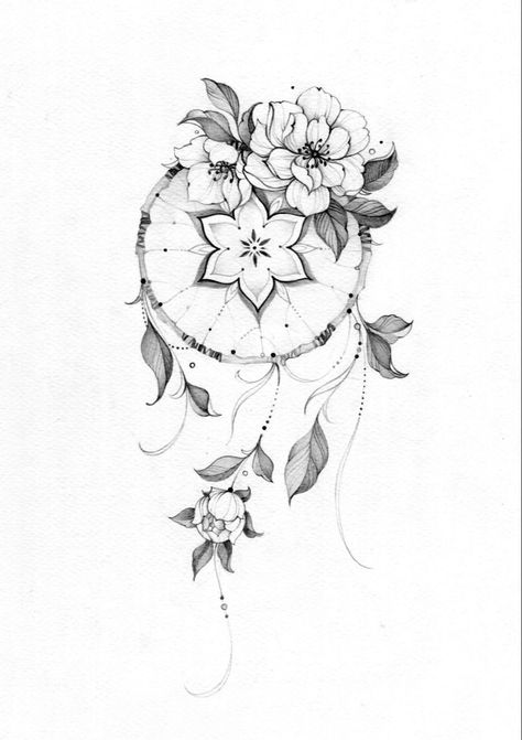 Dreamcatcher And Flower Tattoo, Atrapasueños Tattoo, Pattern Tattoos, Flowers Tattoos, Dream Catcher Tattoo Design, Flower Tattoo Ideas, Dream Catcher Tattoo, Geniale Tattoos, Floral Tattoo Design