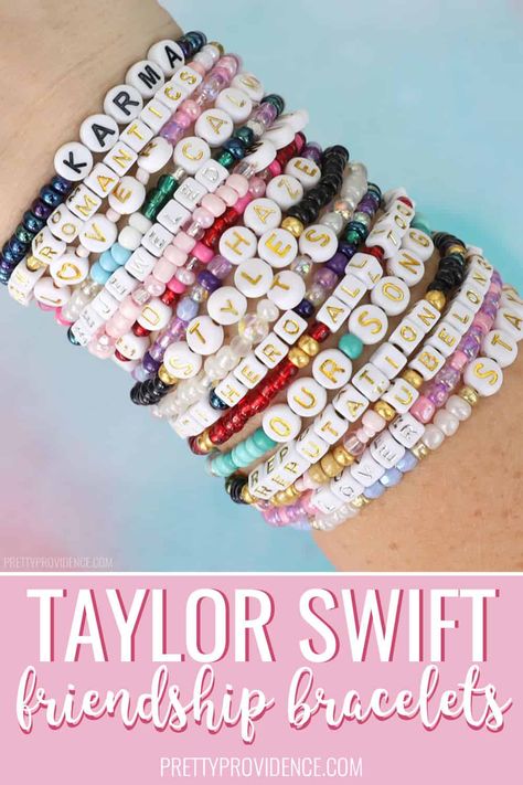 Easy tutorial! Make DIY Taylor Swift friendship bracelets for the ERAS tour (or just for fun!) inspired by your favorite songs and albums! via @prettyprovidnce Eras Friendship Bracelet, Taylor Swift Bracelet Ideas, Swift Bracelet, Friendship Bracelet Kit, Making Friendship Bracelets, Friendship Bracelets Easy, Taylor Swift Birthday, Bracelet Quotes, Friendship Bracelets With Beads