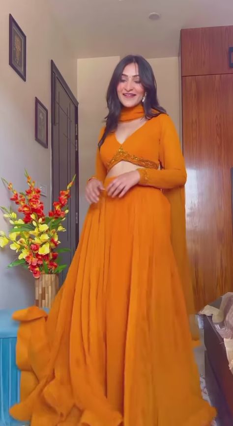 New Stylish Dress, Chiffon Lehenga, Haldi Dress, Orange Lehenga, Haldi Outfits, Indian Kurti Designs, Simple Lehenga, Lehenga Designs Simple, Anarkali Dress Pattern