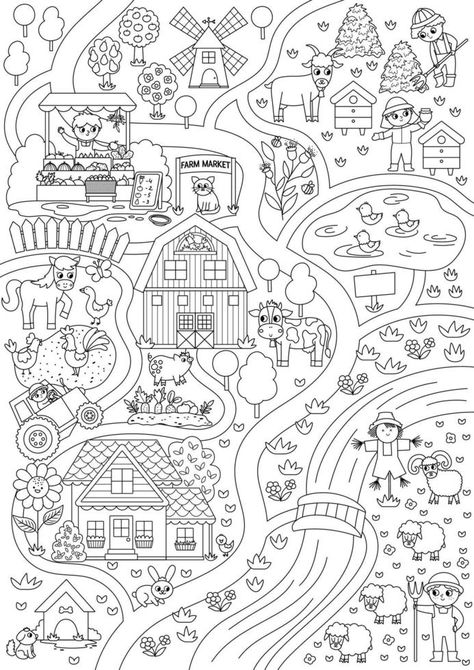 Farm black and white village map. Country life outline background. Vector rural area scene with animals, children, barn, tractor. Countryside plan or coloring page with field, pasture, cottage, garden Tractor Printable, Outline Background, Tractor Coloring Pages, Farm Coloring Pages, Village Map, Farm Animal Coloring Pages, Kids Coloring Pages, Printable Adult Coloring Pages, Kids Coloring