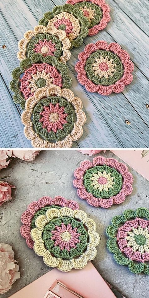 These cute coasters have an ability to transform the space without being too much or too loud, even when so colorful and cheerful as presented. They will also make a great bunting if you feel like using them a little bit differently than on a daily basis. #freecrochetpattern #crochetpattern #crochetcoaster #crochetforhome Crocheted Coasters, Crochet Coasters Free Pattern, Crochet Coaster Pattern, Crochet Coaster, Cozy Crochet, Easy Crochet Projects, Crochet Potholders, Crochet Business, Crochet Home Decor