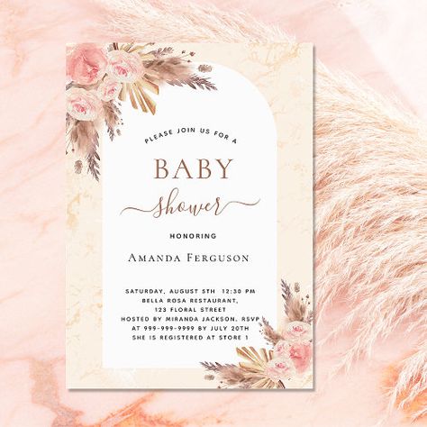 Baby Shower Pampas Grass Rose Gold Blush Pink Boho Invitation #zazzle #weddinginvitations #birthdayinvitations #babyshowerinvitations #zazzleinvitations #monogram #businesscards #graduation #homedecor Boho Baby Shower Girl, Luxury Baby Shower, Baby Shower Boho, Budget Baby Shower, Modern Baby Shower Invitations, Baby On A Budget, Boho Invitations, Boho Baby Shower Invitations, Pink Baby Shower Invitations