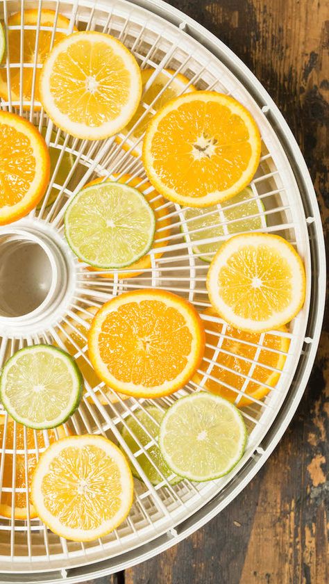 Preserve leftover citrus by dehydrating lemon, lime, and orange slices. Dehydrate Citrus, Dehydrated Lemons, Dehydrated Recipes, Provincial Kitchen, Lemon Water Before Bed, Lemon Crafts, Citrus Slices, Dehydrated Foods, Citrus Recipes