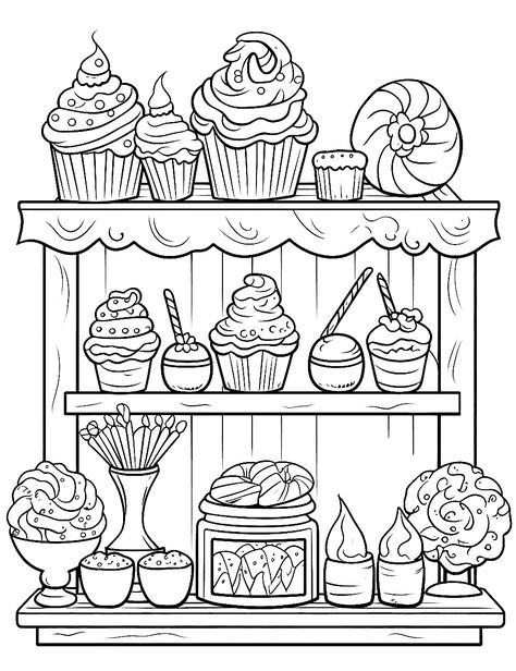 Cooking Coloring Pages, Dessert Coloring Pages, Cozy Bakery, Treats Birthday, Candy Coloring Pages, Pinterest Valentines, Cupcake Coloring Pages, Coloring Paper, Heart Shaped Candy