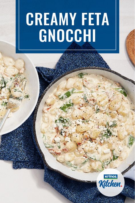 Creamy Feta Gnocchi - Krinos Feta Gnocchi, Cheesy Food, Gluten Free Meal Prep, Tomatoes And Feta, How To Cook Gnocchi, Italian Meals, Creamy Feta, Entertaining Food, Sundried Tomatoes