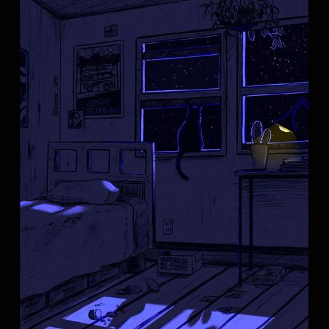 Night Time Shading Digital Art, Night Bedroom Illustration, Night Time Lighting Reference, Animation Background Art Illustration, Through The Window Painting, Night Street Drawing, Night Scene Illustration, Cat House Illustration, Rainy Night Drawing