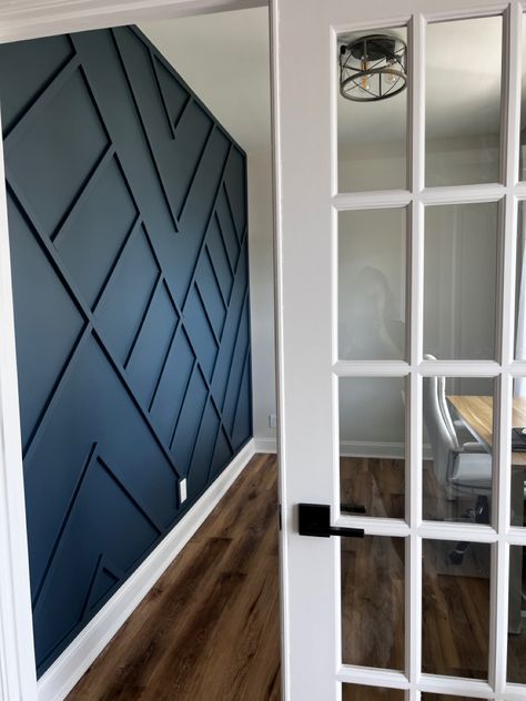 Blue Accent Wall Hallway, Dark Teal Accent Wall Office, Gray Walls With Blue Accent Wall, Accent Wall On Window Wall, Navy Blue Accent Wall Hallway, Accent Blue Wall, Blue Wood Accent Wall, Steel Blue Accent Wall, Blue Walls Dark Floors