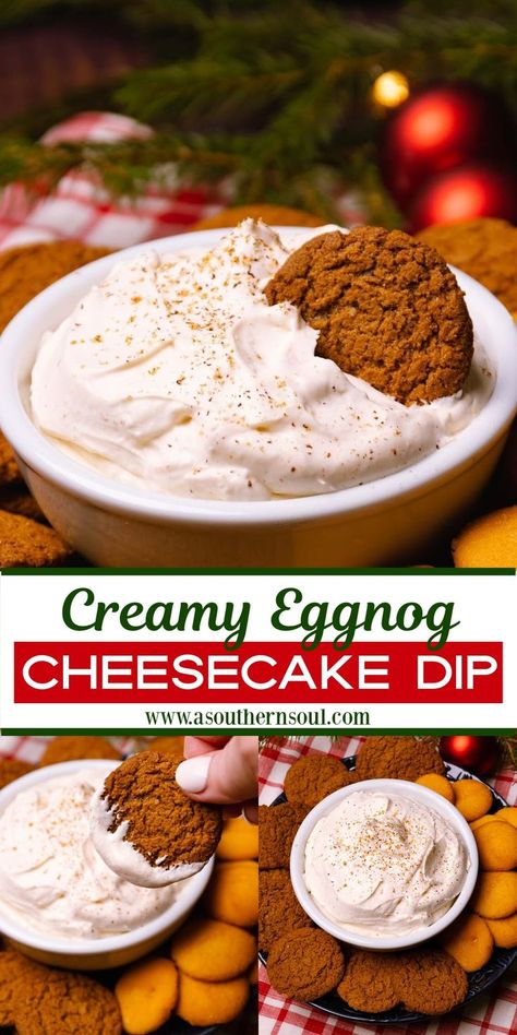 Creamy and fluffy with all the flavors of one of the holiday’s favorite flavors, Eggnog Cheesecake Dip is outrageously delicious! This make-ahead treat is perfect to serve at any party, family gathering, or when watching your favorite holiday movie. Christmas Cheesecake Dip, Egg Nog Dip, Eggnog Dip, Festive Christmas Food, Cheesecake Dip Recipe, Eggnog Dessert, Easy Eggnog, Eggnog Cheesecake, Christmas Cheesecake