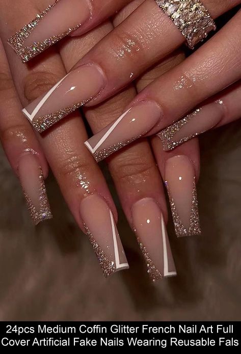 Nail Art Dessin, Glitter French Nails, Nails Ballerina, Fake Nails Long, Medium Coffin, Long Press On Nails, Valentine Nails, Coffin Press On Nails, French Nail