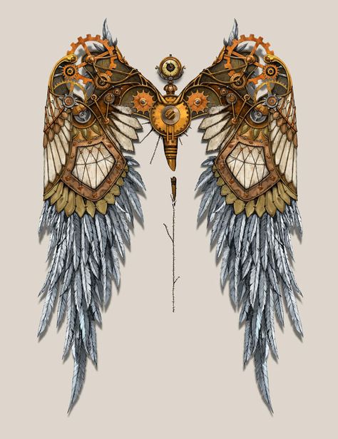 Steampunk Wings Tattoo, Robot Wings, Steampunk Tattoos, Steampunk Tattoo Design, Steampunk Angel, Wings Inspiration, Steampunk Wings, Steampunk Tattoo, Wings Drawing