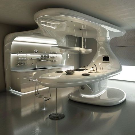 Futuristic Architecture Interior, Futuristic Houses, Futuristic Kitchen, Futuristic Interior Design, Kitchen Floor Plan, Accent Ceiling, Lobby Interior Design, Beautiful Bedroom Decor, Spaceship Interior