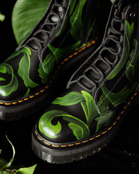 Created for Dr Martens january creative competition with the theme of 'refresh', a hand painted leafy pattern adorns this pair   #botanicalart #darkcottagecore #customized #darkacademia #gothicwedding #gardengoth Hand Painted Boots Diy, Custom Dr Martens, Leafy Pattern, Boots Diy, Dr Martens Style, Doc Martin, Shoe Ideas, Try New Things, Romantic Goth