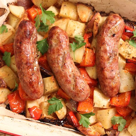 Sausage Peppers Onion and Potato Bake Sausage Pepper Onions And Potatoes, Sausage Peppers Onions, Potato Bake Recipe, Laura In The Kitchen, Make Sausage, Laura Vitale, Sausage Peppers And Onions, Sausage Peppers, My Papa