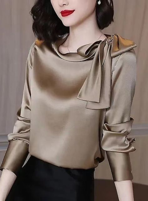 Satin Bluse, Bow Shirt, Womens Tops Dressy, Bow Shirts, Satin Blouses, Loose Pullover, Women's Blouses, Elegant Blouses, Womens Long Sleeve Shirts