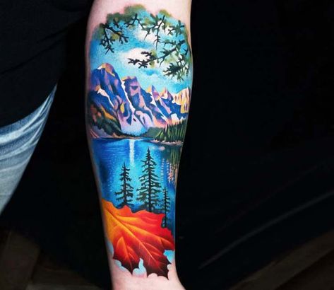 Full colors tattoo artworks of Nature motive done by tattoo artist A.d. Pancho | Post 21830 | World Tattoo Gallery - Best place to Tattoo Arts Nature Landscape Tattoo, Renewal Tattoo, Colorado Tattoos, Marathon Tattoo, Scenery Tattoo, Collage Tattoo, Mountain Range Tattoo, Beach Tattoos, Colorado Tattoo